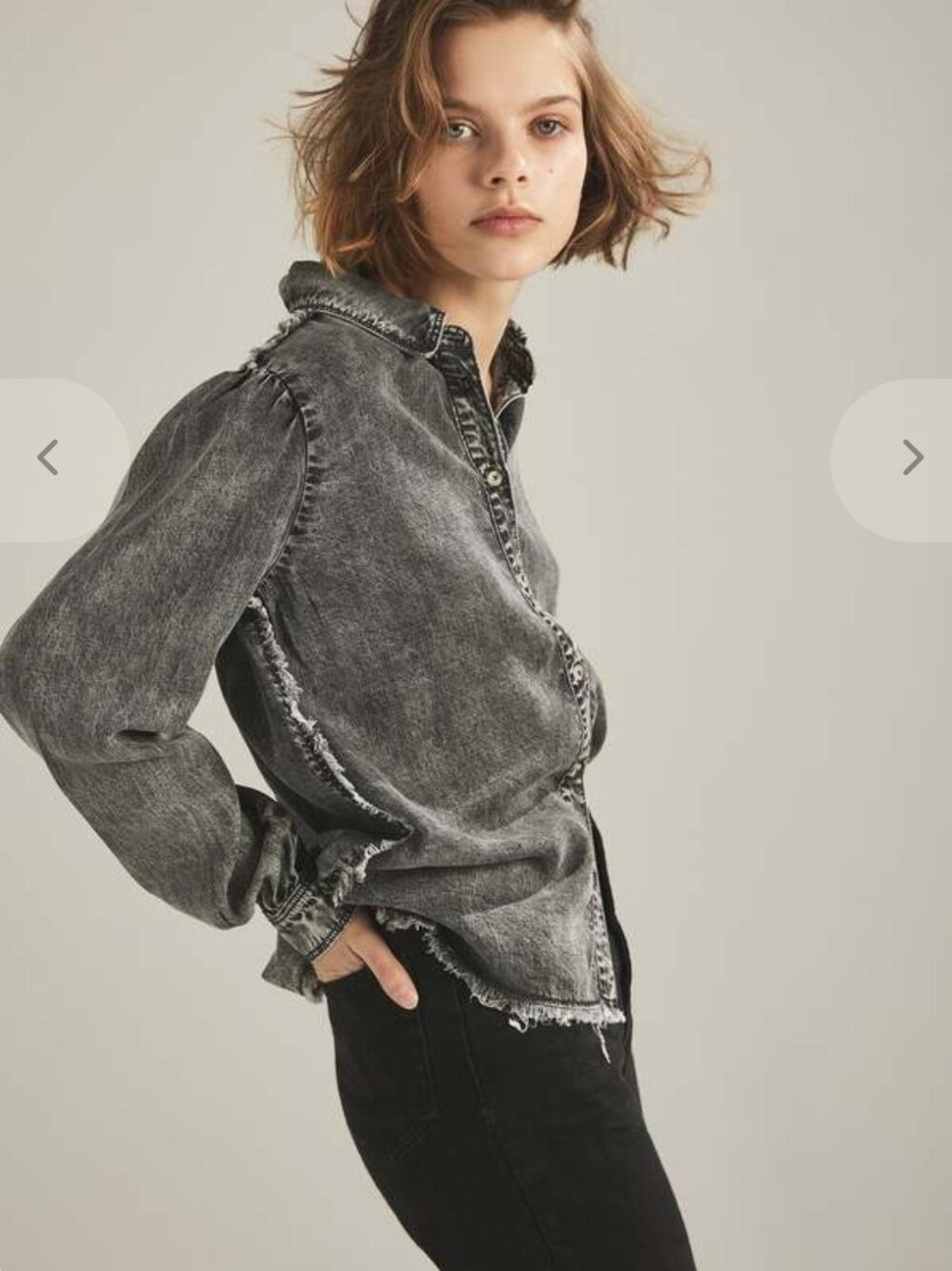 Melissa Nepton Gray Acid Wash Denim Puff Shoulder Blouse Boho Chic